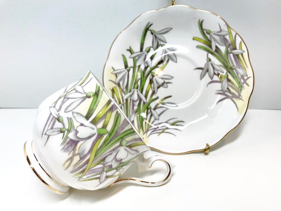 Royal Albert Teacup and Saucer, Snowdrop Pattern, January Birthday Teacup, Flower Month Series, Hand Painted Teacup, Birthday Gift