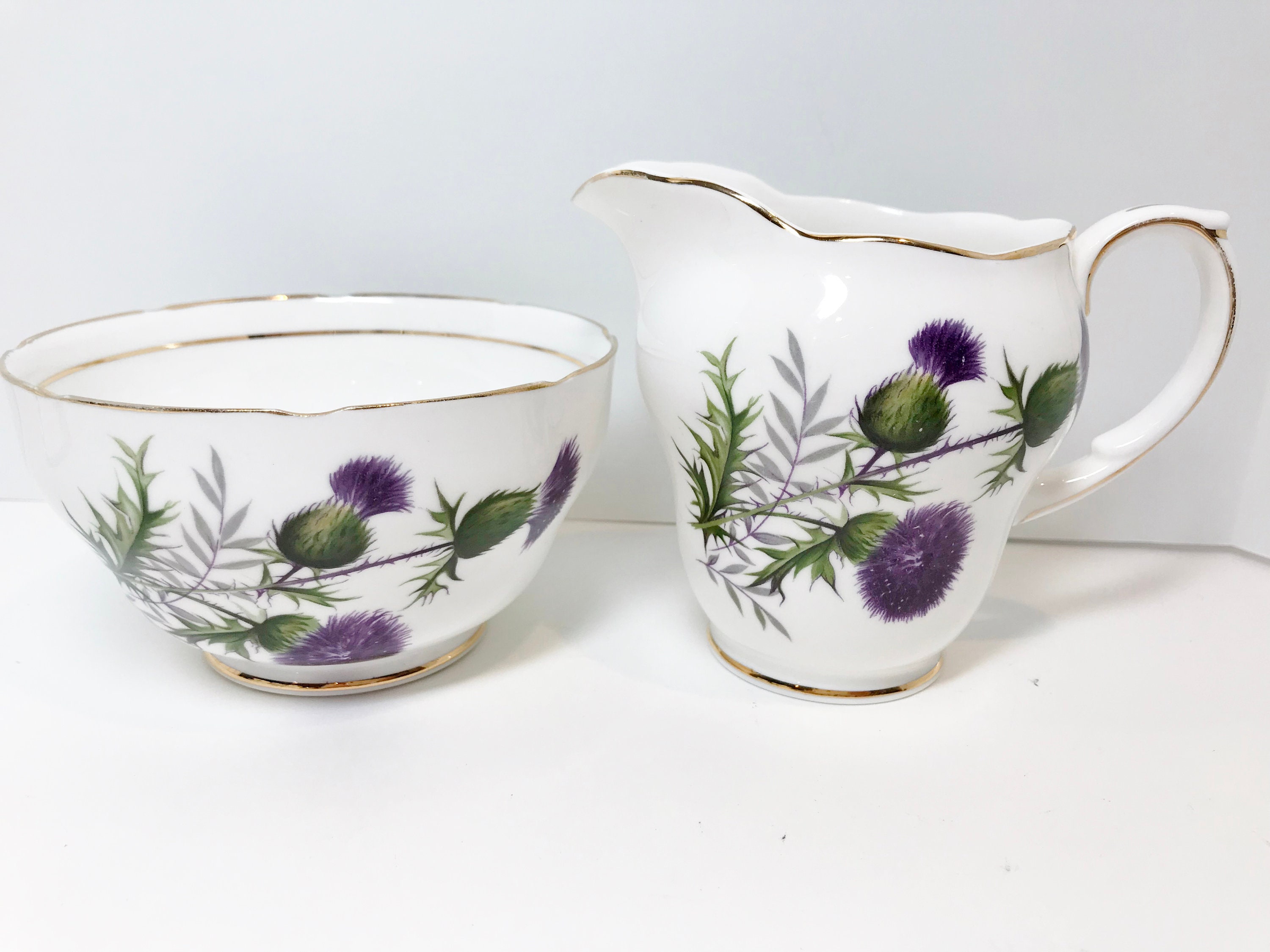 Thistle Creamer and Sugar Bowl, Duchess Tea Cups, Scottish Tea Cups