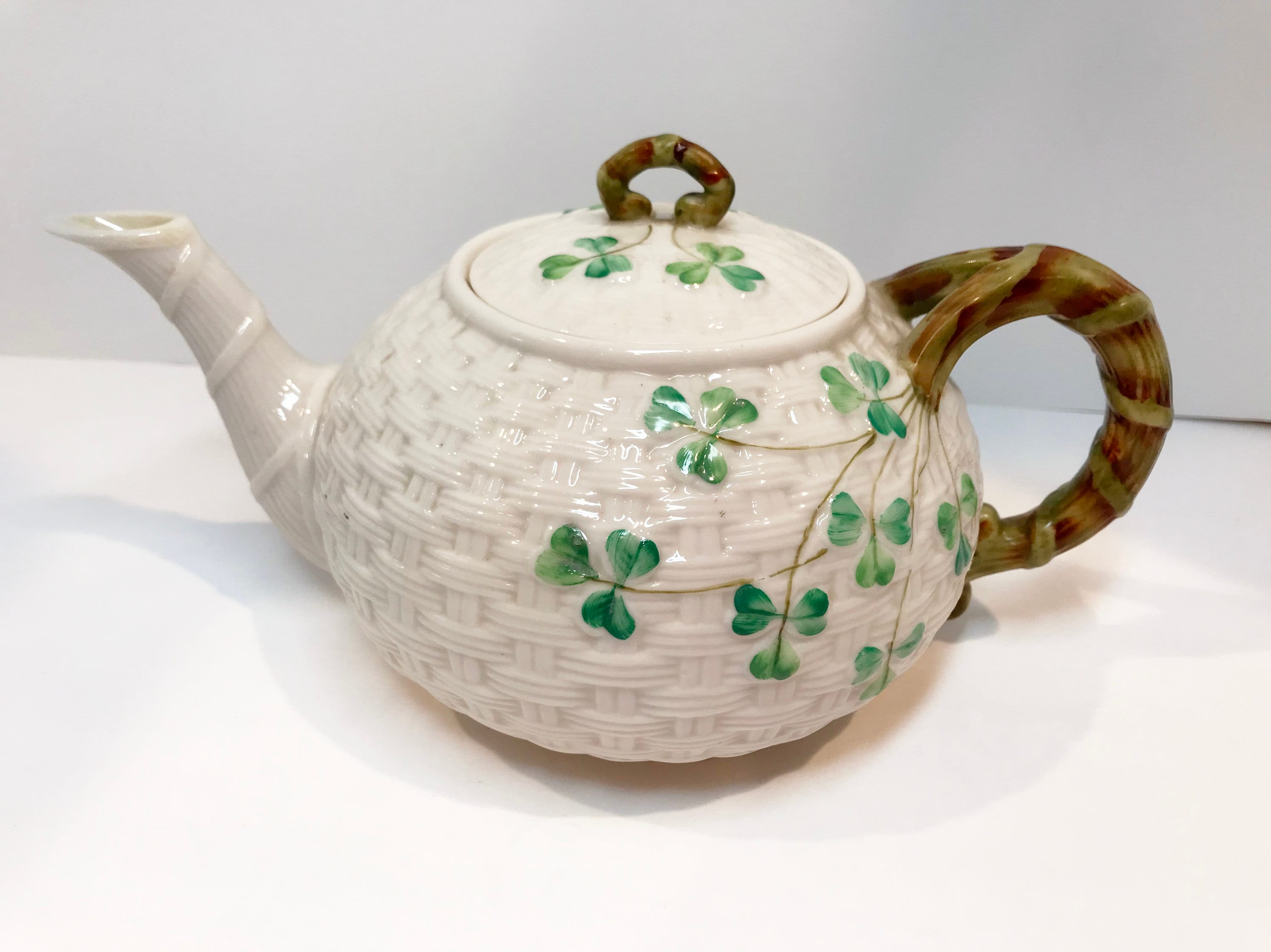 Large Shamrock Belleek Teapot, Shamrock Belleek, Black Mark Belleek