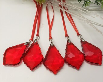 1pcs Crystal Red Rose Carving Chandelier Prisms Beads Hang Drop Silver Pins 50mm 