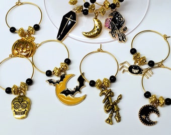 Gold Halloween Wine Charm Set of 9 Wine Markers - Raven Charm, Casket Charm, Moon Charm & More