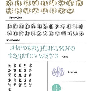 Puede incluir: Un gr&aacute;fico que muestra diferentes estilos de monogramas, incluyendo Fancy Circle, Intertwined, Curlz, Empress, Lexi y True Circle. Cada estilo se muestra con el alfabeto en blanco y negro.