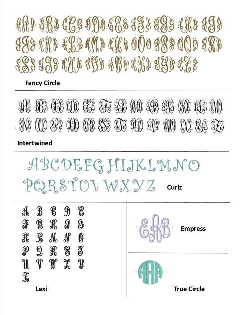 Puede incluir: Un gr&aacute;fico que muestra diferentes estilos de monogramas, incluyendo Fancy Circle, Intertwined, Curlz, Empress, Lexi y True Circle. Cada estilo se muestra con el alfabeto en blanco y negro.