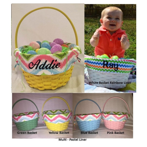 Green Monogrammed Easter Basket Liner and Painted Wicker Basket with Hinged Handle - LAST ONE