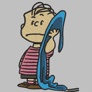 Può includere: Un'illustrazione di un personaggio dei cartoni animati con i capelli castani che indossa una camicia a righe rosa e bianche e una sciarpa blu. Il personaggio tiene la sciarpa con una mano e ha un'espressione triste sul viso.