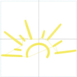 May include: A yellow sun with rays extending out from the center. The sun is drawn in a simple, childlike style.