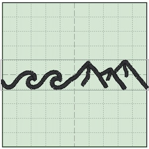May include: Black and white embroidery design featuring a wave pattern and a mountain range.