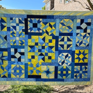Blue and Yellow Batik Sampler Quilt : Cozy modern twin size quilted blanket