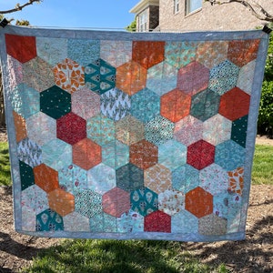 Hexagon quilt in Blues and Oranges: Lap/ Throw Quilt 55x 64&quot;