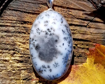 Large Dendrite Opal Black & White Pendant 925 Sterling Silver