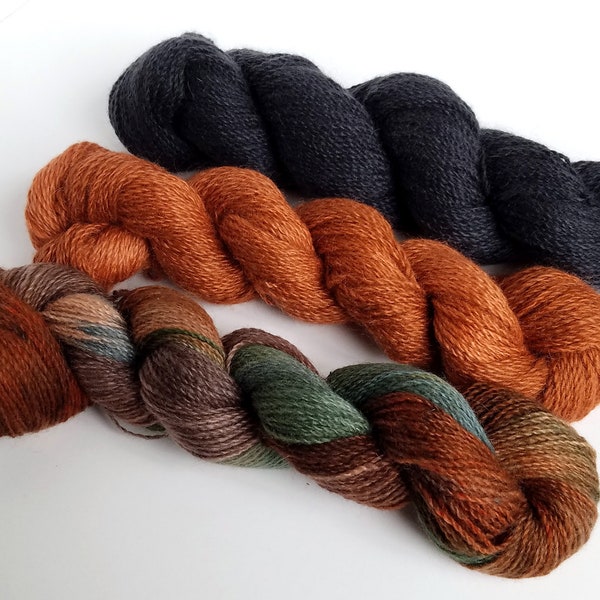 80% Pygora Goat & Merino Wool Blend Yarn - "Harvest, Wattlebark and Coal"  Hand Dyed  2 oz. 2 Ply Finger Weight