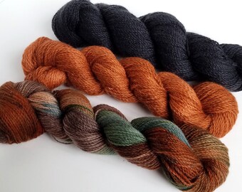 80% Pygora Goat & Merino Wool Blend Yarn - &quot;Harvest, Wattlebark and Coal&quot;  Hand Dyed  2 oz. 2 Ply Finger Weight