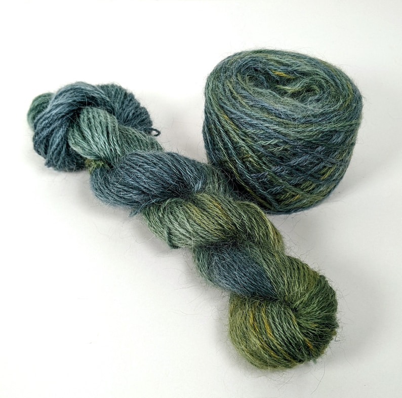 100% Pygora Goat Yarn - color "Elysium Teals" Hand Dyed 3 Ply Sport Weight Skein 2 OZ. image 1