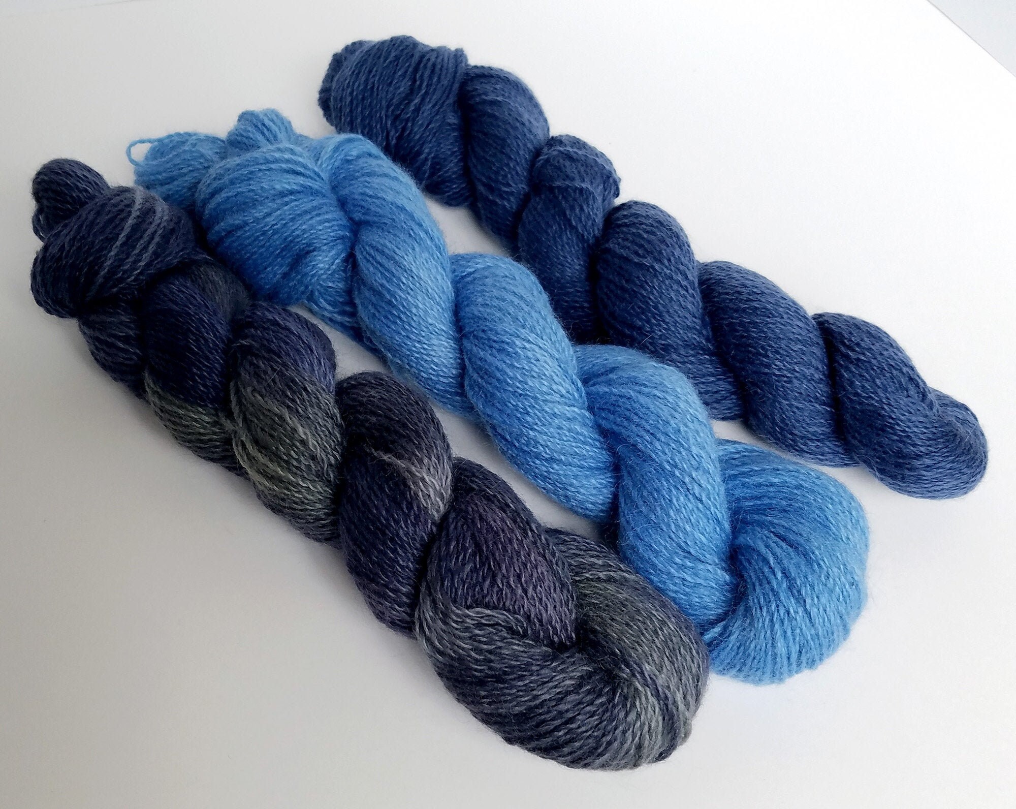 80% Pygora Goat & Merino Wool Blend Yarn - "Indigo ,Corn Flower or Water"  Hand Dyed   2 oz. 2 Ply Finger Weight