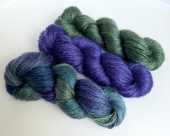 100% Pygora Goat Yarn peacock, Mulberry or Rosemary Hand Dyed 2 Oz. 3 Ply  Finger Weight 