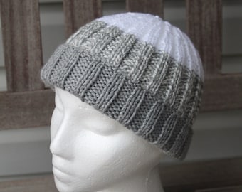 Striped Knitted Hat, Beanie Hat, Winter Hat, Skull Hat, Gray, White