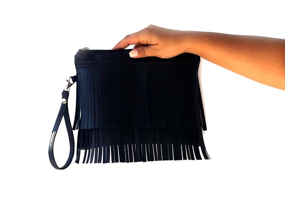 black fringe clutch