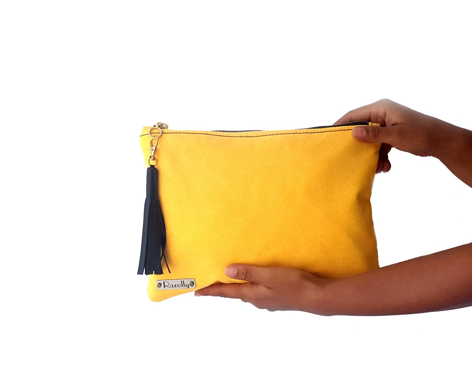 yellow suede clutch bag
