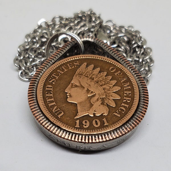 Teardrop  shaped Pendant made from Indian Head Penny  & US quarter coin ring 24 in chain