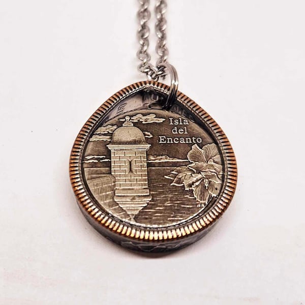 Tear drop shaped Pendant made from PUERTO RICO US  coin ring  with 22 in chain