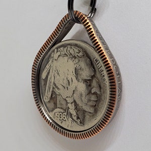 Teardrop  shaped Pendant made from Buffalo Nickle & US quarter coin ring 24 in chain