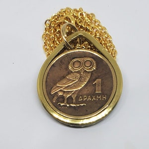 Teardrop  shaped Owl Pendant made from Greek 1 Drachma  coin ring