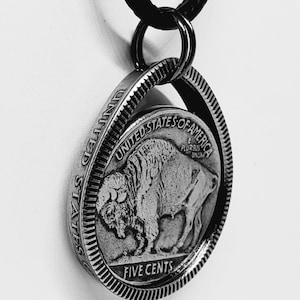 Teardrop  shaped Pendant made from Buffalo Nickle & US quarter coin ring 24 in cord