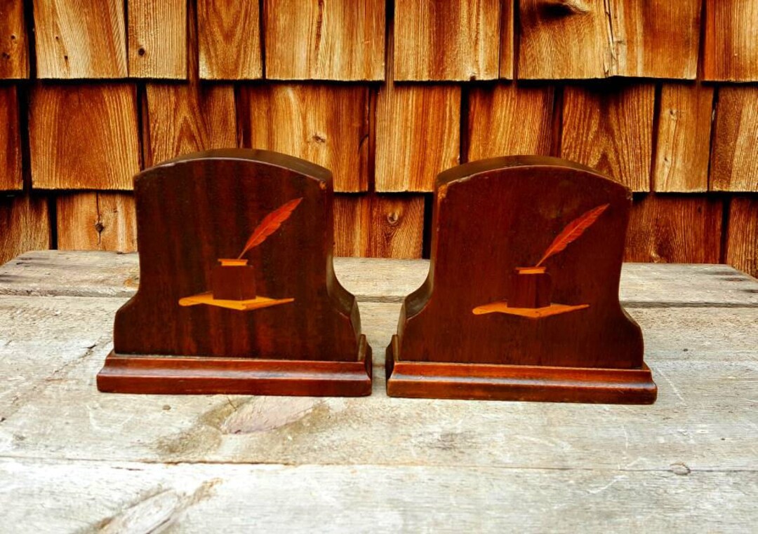 Vintage Wooden Bookends Weighted Bookends Etched Wooden Etsy