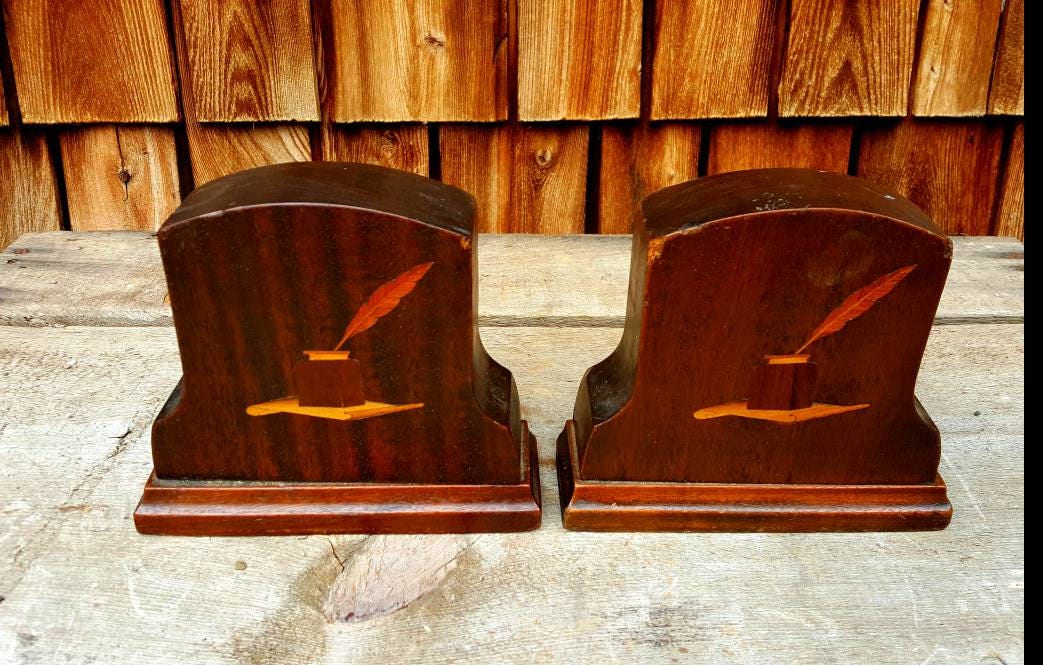 Vintage Wooden Bookends Weighted Bookends Etched Wooden Etsy