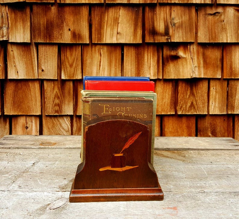 Vintage Wooden Bookends Weighted Bookends Etched Wooden Etsy