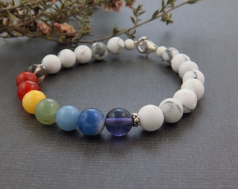 White Howlite all Chakras gemstone bracelet|Rainbow|Powerful|Yoga|Boho|Metaphysical, spiritual bracelet|Gemini|Gemstone therapy|Healing rock