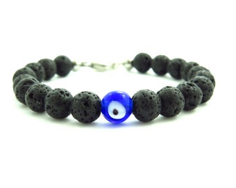 Bracelet mauvais œil en perles de lave volcanique noire | Fermeture en acier de qualité | Idées cadeaux pour hommes | Bracelet pour hommes empilable | Style pour lui | Bracelet pour hommes bleu