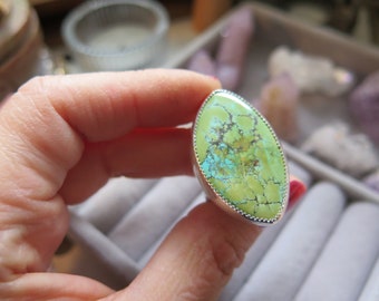 NATURLIG Polykrom grön Hubei Bamboo Mountain Turquoise sterlingsilverring | Gåva | Stor ring | December födelsesten | Flerfärgad turkos | US 7.25