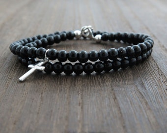 Black Obsidian beaded gemstone bracelet sterling silver cross charm|Black jewelry|Style for her|Gift ideas|Stacking thin bracelet|Minimalist