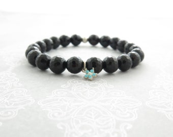 Black Tourmaline Faceted stretch bracelet with Turquoise blue flower Swarovski silver charm|Gift Idea|Birthday gift|Stone of protection|Hers