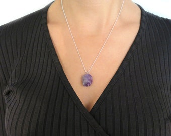 Genuine Amethyst rock gemstone pendant sterling silver chain|Raw purple crystal necklace|February birthstone|Aquarius|