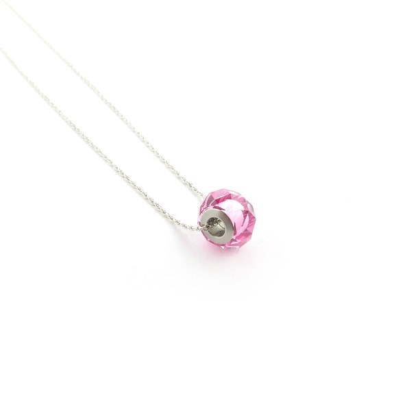 Collier rondelle rose Swarovski|Chaîne en argent sterling|Briolette charmée rose clair|Collier de perles de cristal rose acier|Pendentif en cristal|Cadeau