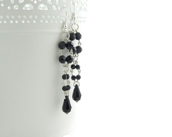 Boucles d'oreilles pendantes en perles de cristal rondes noires Swarovski | Boucles d'oreilles en cristal d'argent sterling | Bijoux chics | Bijoux étincelants modernes | Idées cadeaux