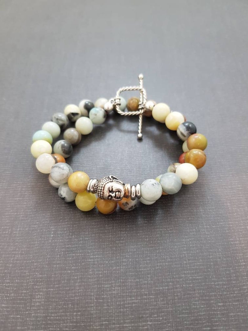 Amazonite Gemstone Bracelet on Silver.Buddha Bracelet.Wrap Bracelet.Gift For Her.Yoga Gift.Meditation Jewelry.new Age.Brown Stone.Meditation