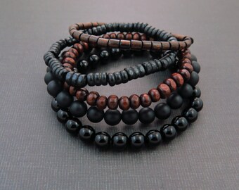 Armbandset aus schwarzem Onyx, schwarzem Obsidian und Holz|Herren Armbänder|Mehrere Armbänder|Braunes Armband|Geschenk für Herren|Perfektes Geschenk|Dehnbar