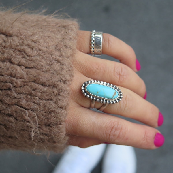 GENUINE statement long oval KINGMAN Turquoise sterling silver medium ring|Gift for her|Sagittarius|December birthstone|Made to order|Blue