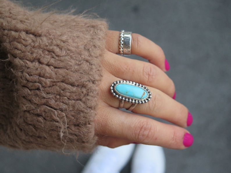 GENUINE Statement Long Oval KINGMAN Turquoise Sterling Silver Medium ...