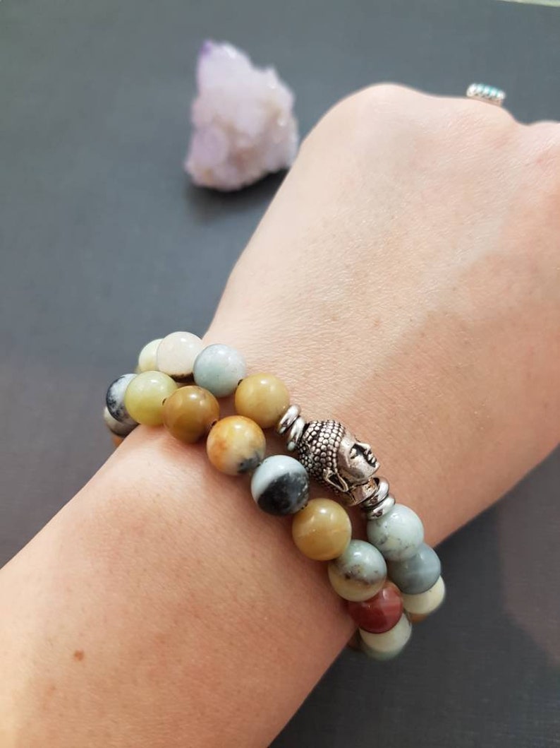 Amazonite Gemstone Bracelet on Silver.Buddha Bracelet.Wrap Bracelet.Gift For Her.Yoga Gift.Meditation Jewelry.new Age.Brown Stone.Meditation