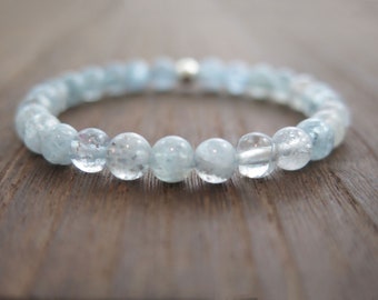 Aquamarine gemstone silver bracelet|Light blue gemstone beaded bracelet for her|Serenity yoga stacking jewelry|March birthstone|Pisces stone