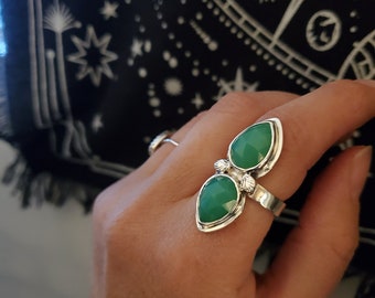 Natural faceted two stone Chrysoprase ring on sterling silver|Green ring|Light pastel green stone|Her gift idea, love|Prosperity|Bohemian