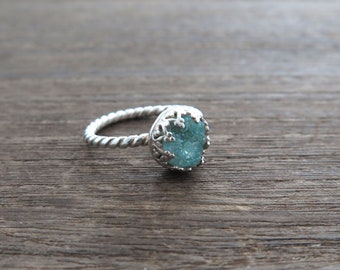 Grade A electroplated druzy Agate teal blue mermaid round ring|Light teal round sterling silver ring|Birthday gift|Sparkling crystal|Geode