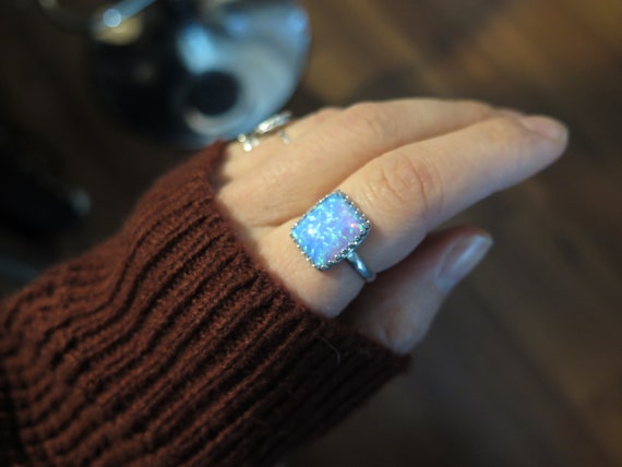 Blue Synthetic Opal Ring Round Shape Bead Design Band Sterling Silver Blue Synthetic Opal Ring Round Shape Bead Design Band Sterling Silver