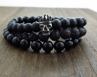 Black Onyx, Lava & Black Obsidian gemstone men's bracelet set|Fashion,luxury|Unisex bracelet|Gift for him|Genuine stones|Steel skull king