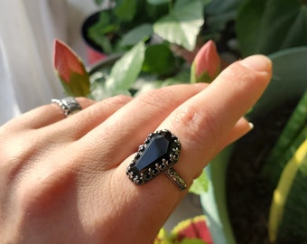 Black Onyx faceted coffin shape gemstone sterling silver ring|Willpower stone|Leo|Grounding ring|Witch ring|Gift for her|Solitaire|Gothic