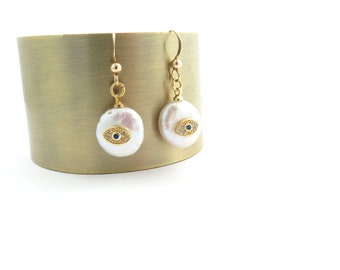 Elegant baroque freshwater pearl evil eye gold plated drop earrings|Classy jewelry|Pearls|Bridal|Gift for her|Protection jewelry|Greek style